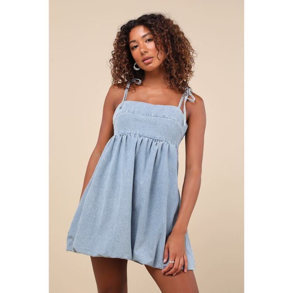 Lulus Charmed Aura Light Wash Denim Tie-strap Bubble-hem Mini Dress Blue